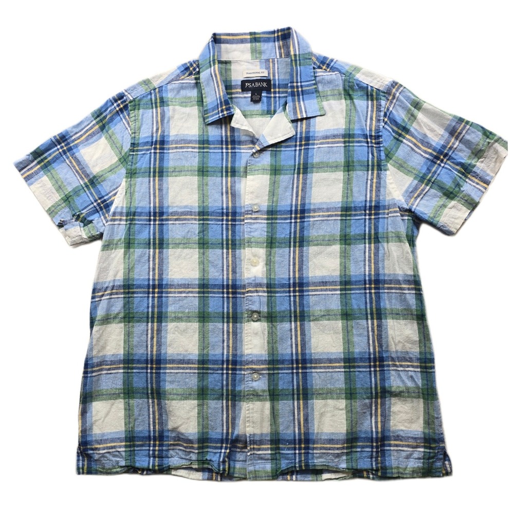 JoS A Bank Linen Shirt Mens Large Blue Green Plaid Traditional Fit Short‎ Sleeve